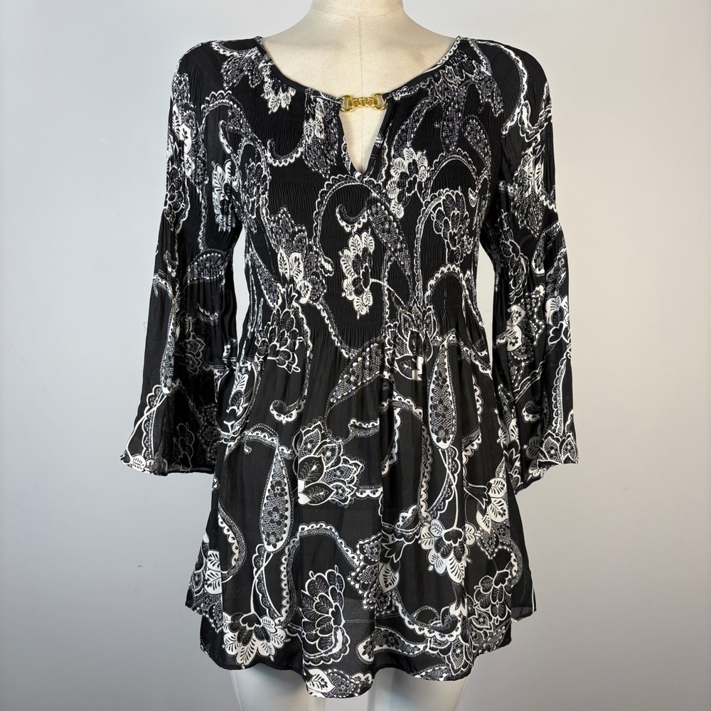 Spense Black & White Paisley Pleated Bell Sleeve Tunic Dress M